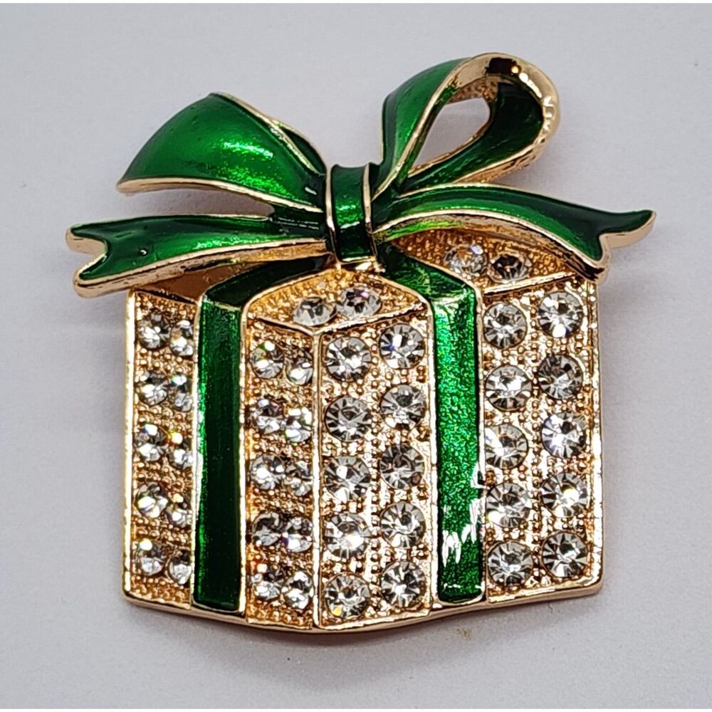 Christmas Present Brooch Green Ribbon Classic Rhinestone & Enamel Simple Elegant